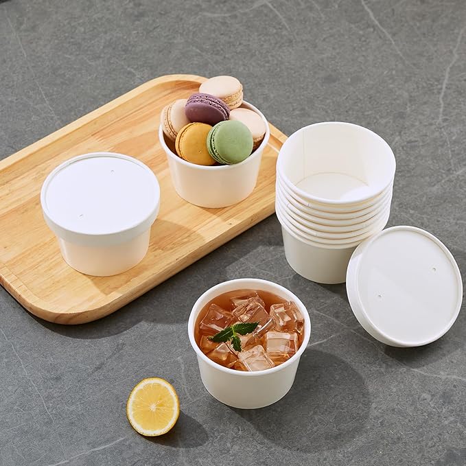 JOLLY PARTY 50pack 8oz Paper Soup Containers with Lids, Disposable Paper Food Cups, Ice Cream Cups, Food Storage with Vented Lids, Microwavable and Freezer Safe (White)