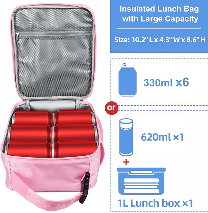 Insulated Lunch Bag, Leakproof Portable Lunch Box for Women Men Boys Girls, Large Capacity Cooler Bag for Office School Camping Hiking Outdoor Beach Picnic (Rainbow Pink)