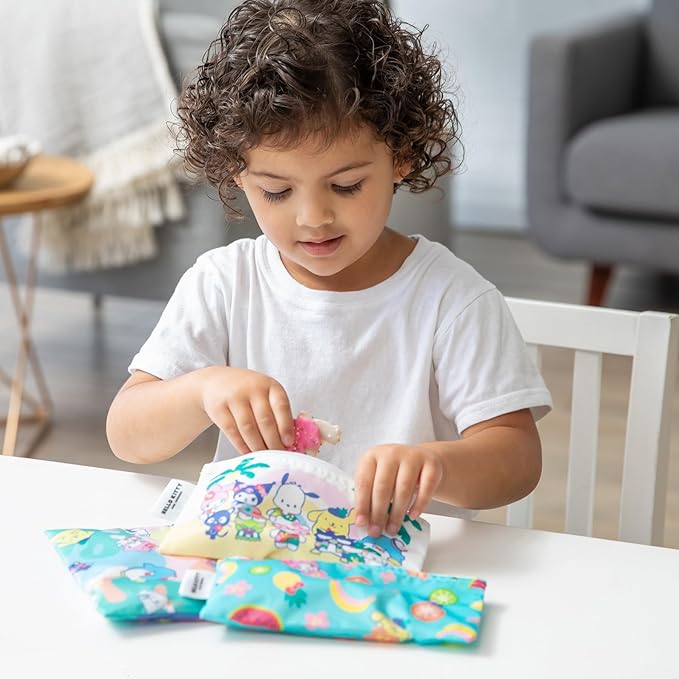 Bumkins - Cloth Snack & Sandwich Bags - For Storage, Travel, Food Prep, Lunch - Reusable, Water Resistant, Washable, Dishwasher Safe - Snack Bags for Kids - Zipper Closure - Hello Kitty - 3 Pack
