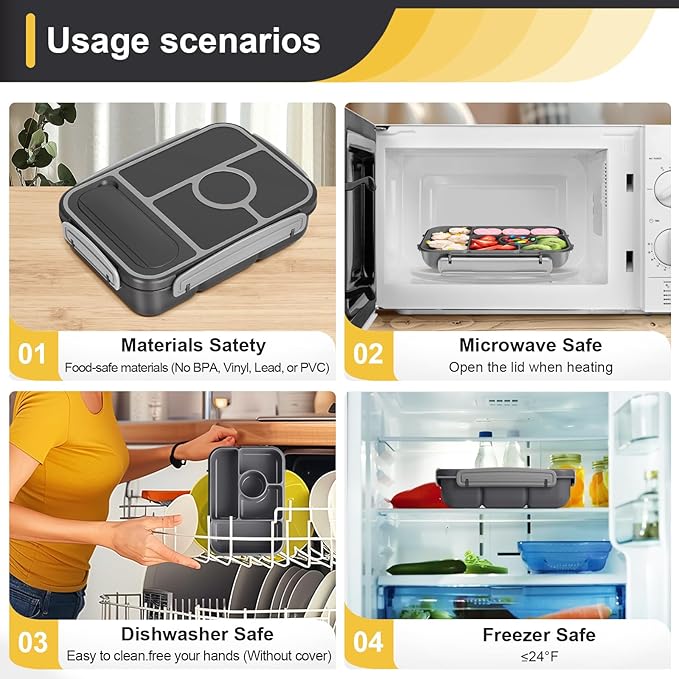 Bento Box Adult Lunch Box Kids,Lunch Containers for Adults/Kids/Toddler,5 Compartments Bento Lunch Box with Sauce Vontainers,Microwave & Dishwasher & Freezer Safe,BPA-Free (Dark Gray)