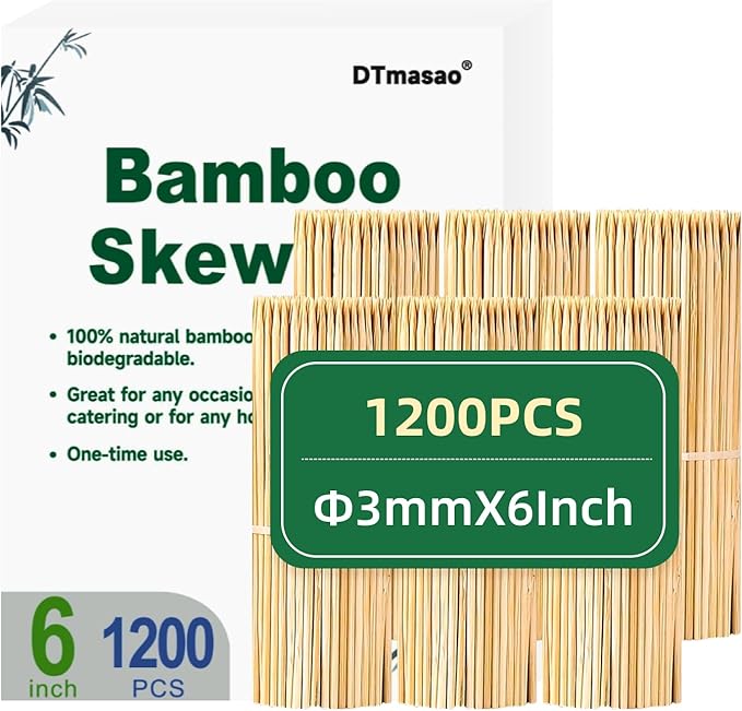 1200PCS 6 inch Bamboo Skewers for wooden sticks， BBQ，Appetiser，Fruit，Cocktail，Kabob，Chocolate Fountain，Grilling，Kitchen，crafting and Party. Φ=3mm, More Size Choices 6"/8"/10"/12"/36"