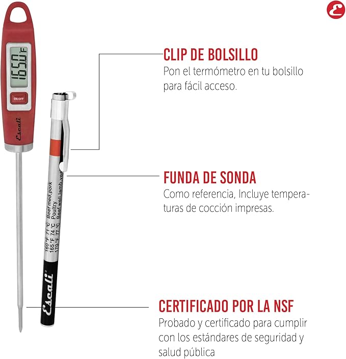 Escali DH1 Gourmet Digital Meat Thermometer with Extra Long Probe, NSF Certified, Red