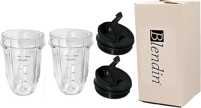 Blendin 18 Ounce Small Cup Jar with Sip N Seal Lids - Replacement Cup Compatible with Nutri Ninja Auto-iQ 1000w Series and Duo Blenders - Premium Blender Cups Replacement (2 Pack)