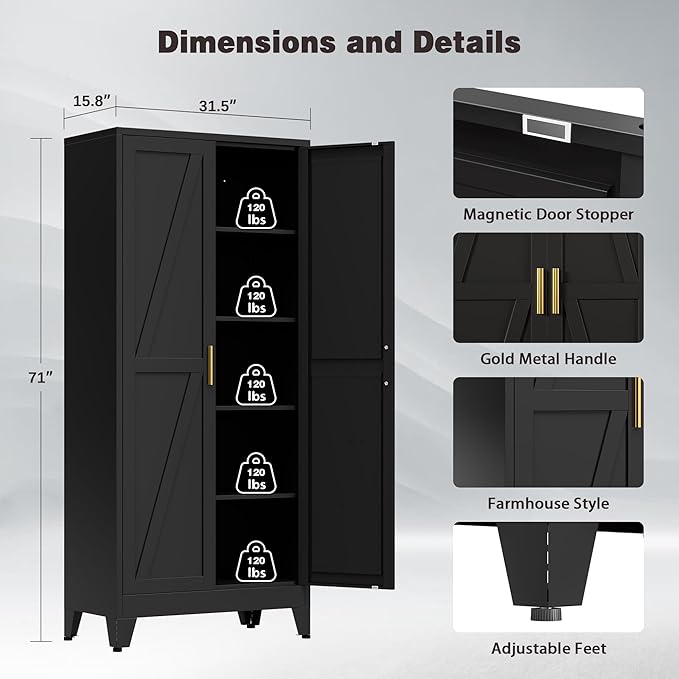 71" Tall Metal Pantry Cabinet, Kitchen Storage Cabinet with 2 Doors and 4 Adjustable Shelves for Kitchen, Living Room, Dining Room, Bathroom and Home, Office (Black, 71" H)
