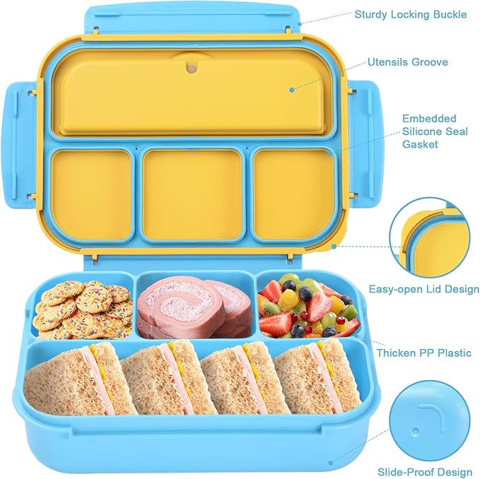 Bento Box for Kids Girls Boys, Bento Box Adult Lunch Box with 4 Compartments, Lunch Containers with Utensils, Sauce Jar, Muffin Liners for School, 40 Oz/5 Cup, Blue