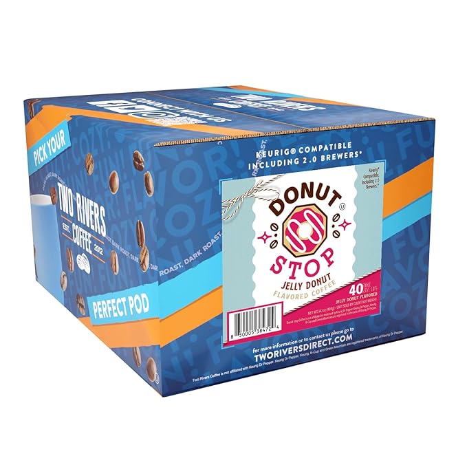 Donut Stop Flavored Coffee Pods, Compatible with 2.0 K-Cup Brewers, Jelly Donut Flavor, 40 Count