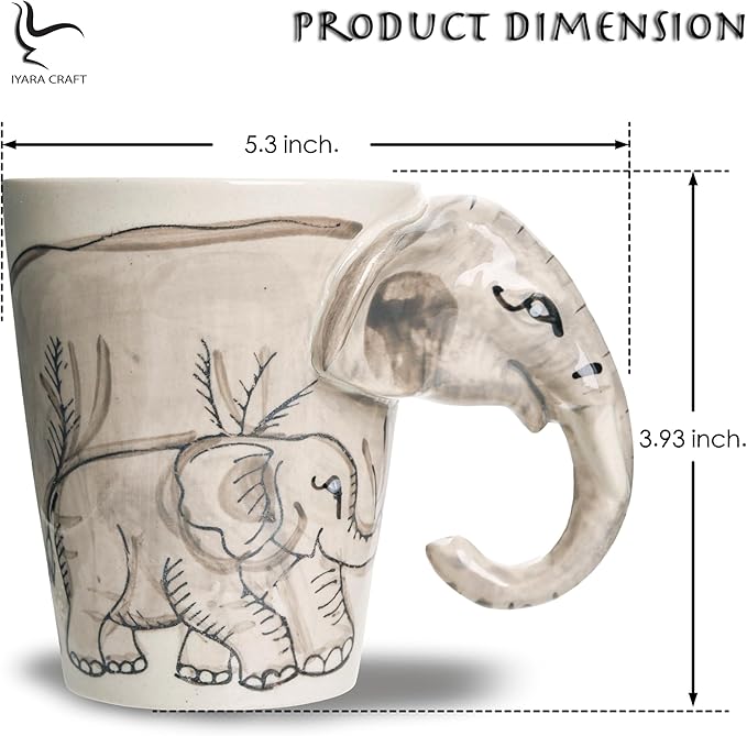 IYARA CRAFT 3D Elephant Mug – 11oz Ceramic Cup with Sculpted Trunk Handle, Microwave & Dishwasher Safe, Mom and Baby Elephant Design