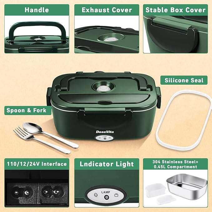 Electric Lunch Box for Adults, 80W Heated Lunch Box, 1.5L Stainless Steel Container | 12V/24V (Car/Truck) & 110V (Office/Home) | with Fork&Spoon and Insulated Carry Bag