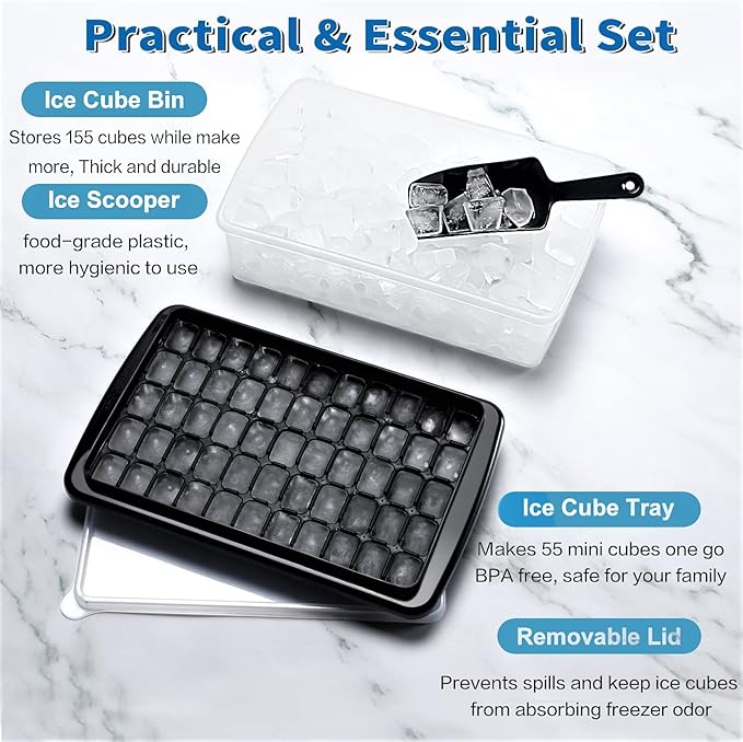 Ice Cube Tray with Lid & Bin for Freezer - 55 Nugget Ice Maker Tray, Cocktail Coffee Ice Mold for Easy Release Small Cubes, with Ice Container Scoop, Flexible Durable Plastic, BPA Free