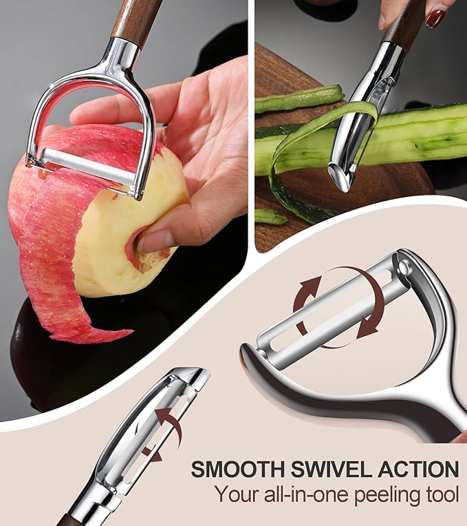 Ugotit Fruit Vegetable Peeler Set for Kitchen, Stainless Steel Potato Peelers Ultra Sharp Swivel Blade, Premium Real Wood Handle Leather Strap (Y&I Shaped)