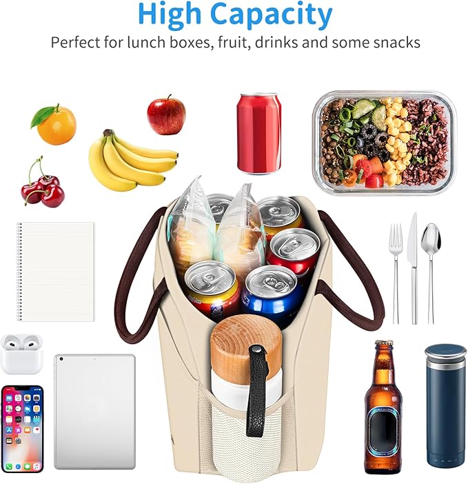 DALINDA Lunch Bag Lunch Box for Women Men Reusable Insulated Lunch Bags for Adults,Water-Resistant Cute Cooler Lunch Tote Bag, Large Capacity for Work Travel Picnic,Beige