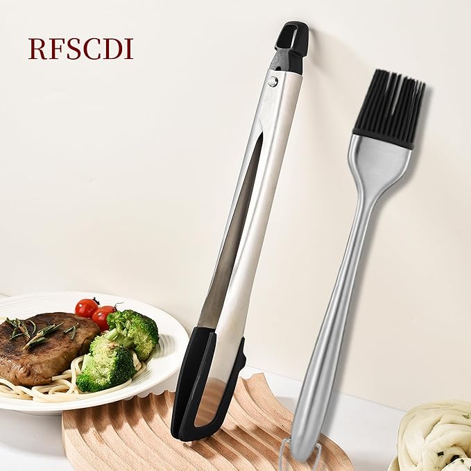 Heat-Resistant Kitchen Tongs and Basting Brush Set - 600℉ Stainless Steel Cooking Tongs with Metal Locking Mechanism - Ideal for Cooking, Grilling Steak, Baking Bread, and BBQ,(Silver 2Pcs)