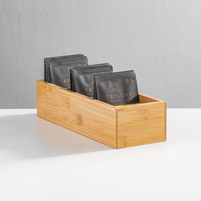 mDesign Slim Bamboo Wood Compact Food Storage Organizer Bin - 3 Divided Sections - Holder for Seasoning Packets, Pouches, Soups, Spices, Snacks - Natural