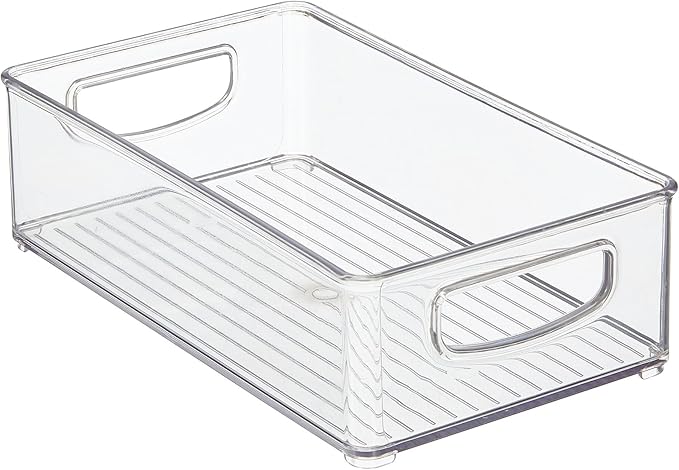 mDesign Small Plastic Office Storage Container Bins w/Handles for Organization in Filing Cabinet, Closet Shelf, Desk Drawers, Organizer for Notes, Pens, Pencils - Ligne Collection, 4 Pack - Clear