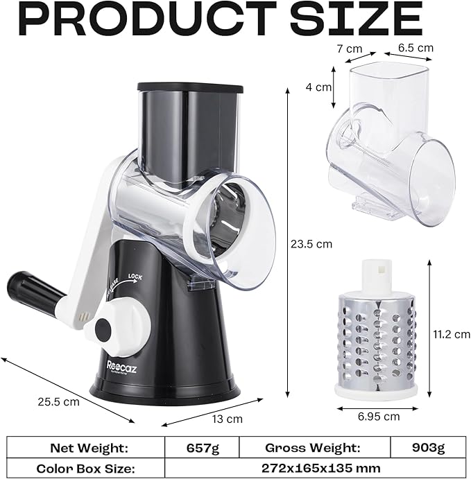 Rotary Cheese Grater Hand Crank - Cheese Shredder Hand Crank with Handle, Vegetable Shredder with 3 Stainless Steel Blades & Strong Suction Base – Round Slicer & Food Chopper for Kitchen
