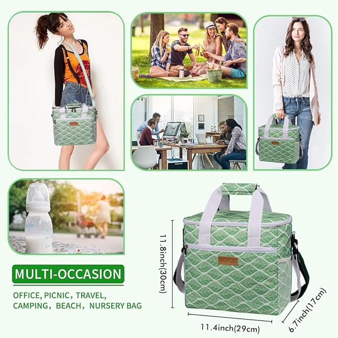 Iknoe Large Cooler Bag Collapsible 24 Can Insulated Bags Leakproof Lunch Cooler Tote with Multi-Pockets for Adult Insulated Thermal Bag for Beach, Picnic, Office Work(Green Wave)
