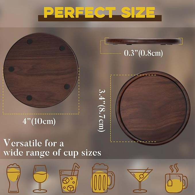 Wood Coasters with Metal Holder, GOH DODD Set of 6 Walnut Wooden Coaster Tabletop Protection for Drinks Coffee Table Home Kitchen Office Bar Living Room Decor Housewarming Gifts Wedding Party, 4 Inch