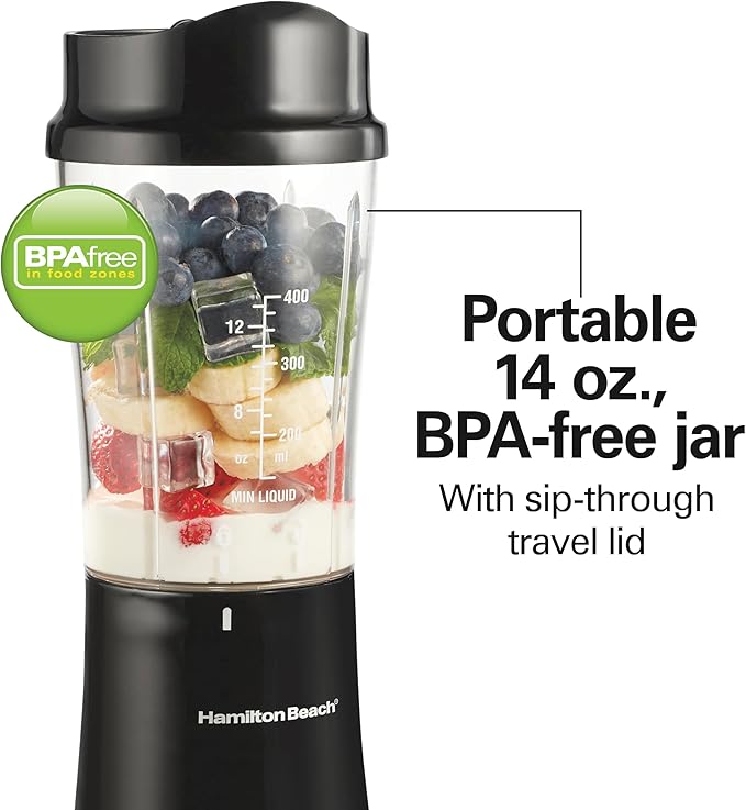 Hamilton Beach Portable Blender for Shakes and Smoothies, 14 Oz BPA Free Travel Cup & Lid, Durable Stainless Steel Blades, Personal Smoothie Blender, Black (51101AG)