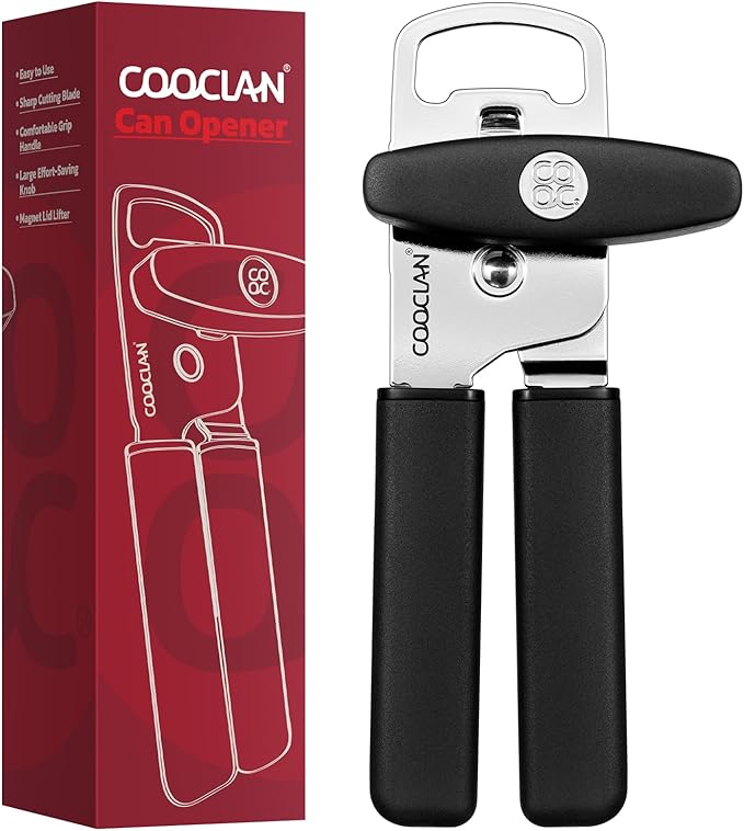 Can Opener Manual 2-in-1 with Magnet, Hand Held Can Openers with Stainless Steel Sharp Blade (Smooth Cut), Large Effortless Turn Knob, Non-Slip Soft Rubber Handle, Built-Bottle Openers, Black
