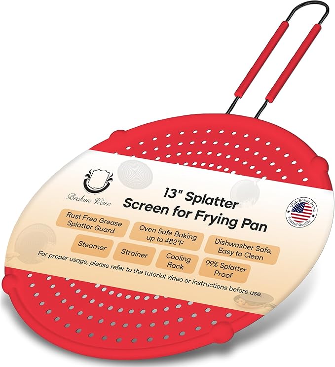 Splatter Screen for Frying Pan | USA Brand | 13-Inch Red, Fit Pans (12" to 13") Silicone Grease Splatter Guard for Frying Pan and Stove by Beckon Ware