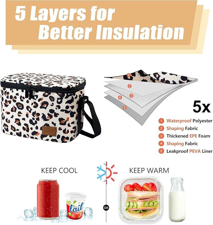 Aosbos Lunch Bag Women, Insulated Lunchbox for Adults, Leakproof Lunch Box with Adjustable Shoulder Strap, Perfect for Work, Office, Outdoors, Picnic, Loncheras Para Mujer, Leopard