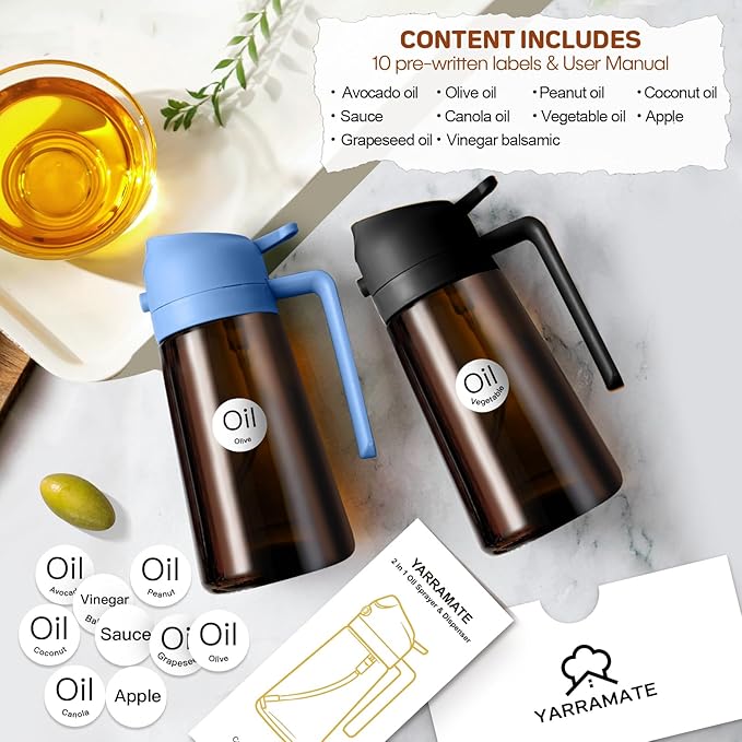 YARRAMATE 16oz/470ml Dark Brown Oil Sprayer for Cooking with Stickers, Food-grade Premium 2 in 1 Olive Oil Dispenser Bottle for Kitchen Gadgets, Air Fryer, Salad, Frying, BBQ (SkyBlue)