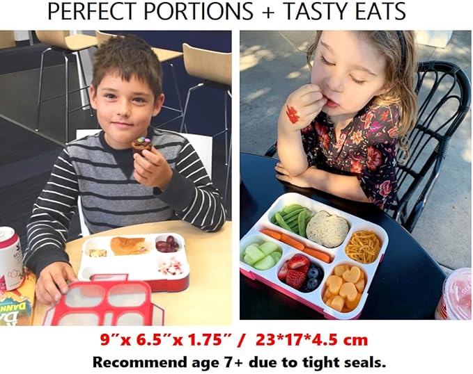 kinsho Bento Box Kids Lunch-Box, Snack Containers for Toddler Daycare, Leakproof School Bentobox 6 Compartment Container for Boys Girls Adults Lunches, Utensils, Red