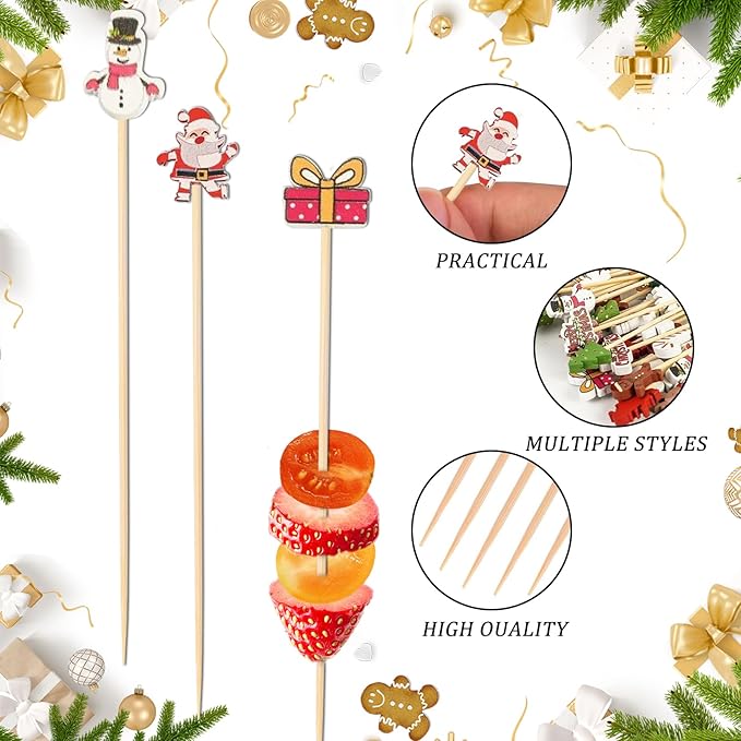 500 Pieces Christmas Cocktail Picks Bamboo Sticks Long Toothpicks for Appetizers for Drinks 4.7 Inch Bamboo Skewers for Appetizers Charcuterie Boards Accessories