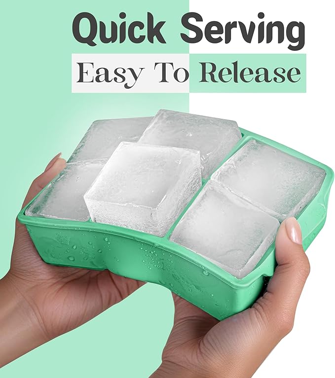 KitchFort Large Silicone Ice Cube Tray (3-Pack), Easy Release 2" Big Ice Cubes - Cocktail, Whiskey Ice Cubes Mold - Ice Trays for Freezer with Lid - Stackable Silicone Ice Tray - Green
