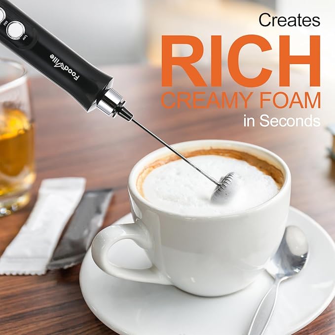MF09 3 in 1 Rechargeable Milk Frother Handheld Foam Maker with Charging Stand & 3 Stainless Steel Whisks (Black without Case)