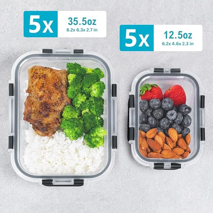 Igluu Meal Prep Glass Food Storage Containers 10 Pack, Meal Prep Containers with Snap Lock Leakproof Lids, Reusable Microwave safe BPA-free Lunch Boxes (10 Containers & 10 Lids) 35.5oz & 12.5oz