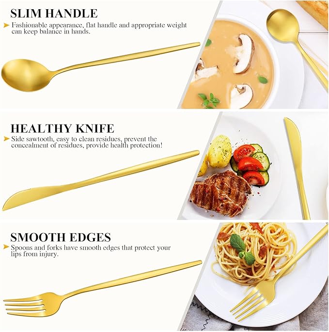 Gold Silverware Set, Stainless Steel Flatware Set for 6, 30-Pieces Cutlery Tableware set Include Spoons And Forks Set, Matte Gold Utensil Set, Stain Finish, Dishwasher Safe.