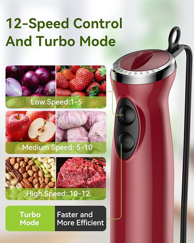 Immersion Blender 5 in 1 Hand Blender, Abuler 1000W Hand Mixer Stick,12 Speed Handheld Blender 304 Stainless Steel with 600ml Mixing Beaker, 500ml Chopper, Whisk and Milk Frother for Soup, Baby Food