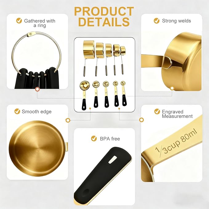Measuring Cups and Spoons Set, Gold Electroplated Stainless Steel 10 Piece for Cooking and Baking (5 Cups + 5 Spoons Gold)