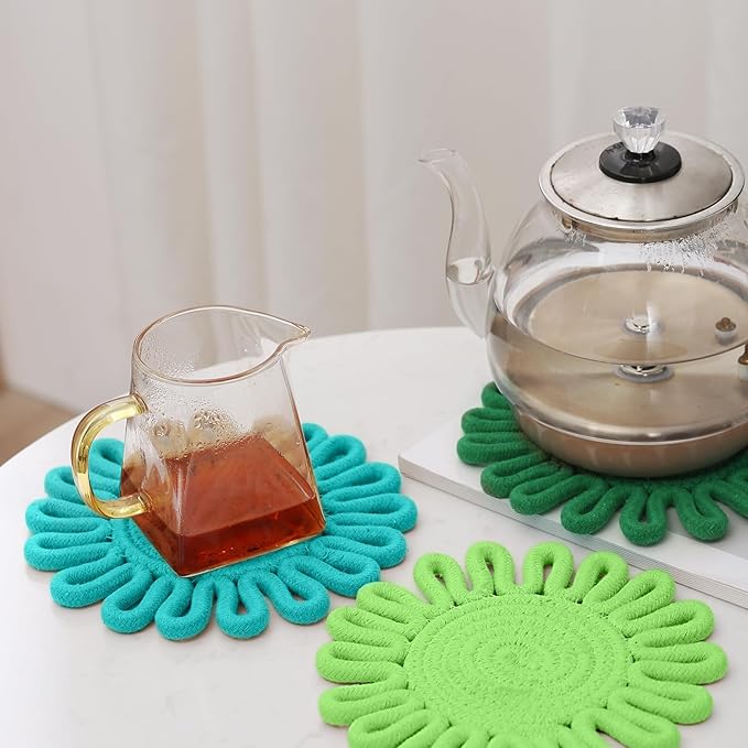 Aesthetic & Colorful Boho Trivets for Hot Dishes, Trivets for Hot Pots and Pans, Potholders for Kitchen, Heat Resistant Hot Pads for Countertops,Table Decorations,Set of 3, 100% Cotton,7.5"(Green)