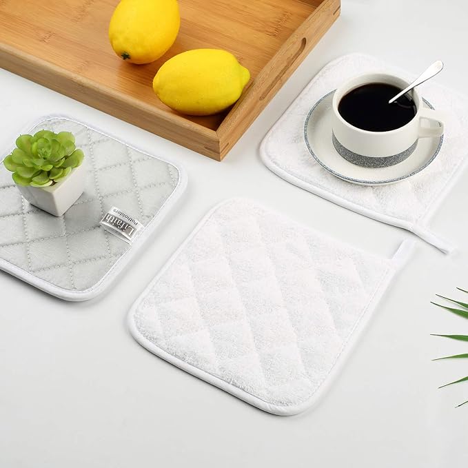 100% Cotton Kitchen Everyday Basic Terry Pot Holder Heat Resistant Coaster Potholder for Cooking and Baking Set of 5 White