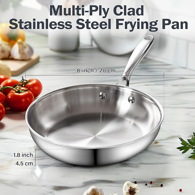 Cooks Standard Stainless Steel Frying Pan with Lid, 8-Inch Multi-Ply Clad Wok Stir Fry Pan, Kitchen Skillet, Silver