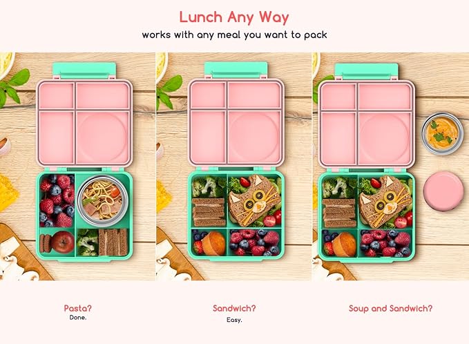 Bento Box for Kids - Leak-Proof Bento Lunch Box with Insulated Thermos Food Jar - 4 Compartments, 1 Removable Divider, 1Spoon, 1 Fork - Dishwasher Safe, BPA-Free (Light pink)