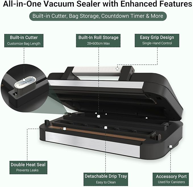 95kPa Vacuum Sealer Machine, Powerful Double Pump 10-in-1 Food Sealing System with Double Heat Seal, Built-in Cutter & Bag Storage, Easy-Lock Handle, Hose, 2 Bag Rolls, Durable Stainless Steel Design