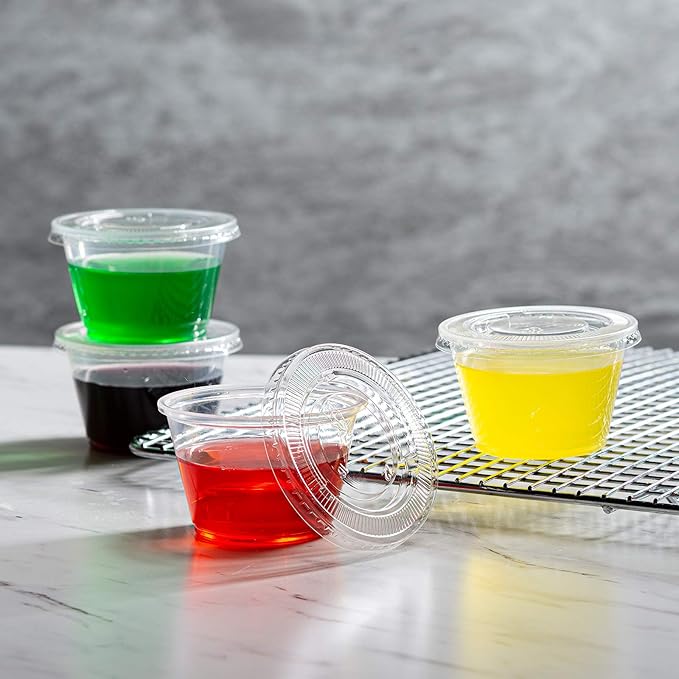 Portion Cups with Lids (4 Ounces, 100 Pack) | Disposable Plastic Cups for Meal Prep, Portion Control, Salad Dressing, & Medicine | Small Plastic Condiment Container