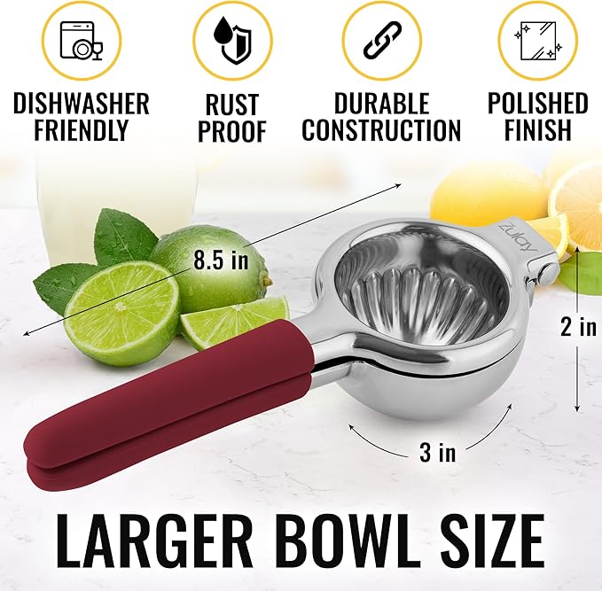 Zulay Kitchen Lemon Squeezer Stainless Steel with Premium Heavy Duty Solid Metal Squeezer Bowl and Food Grade Silicone Handles - Large Manual Citrus Press Juicer and SS Lime Squeezer (Cranberry)