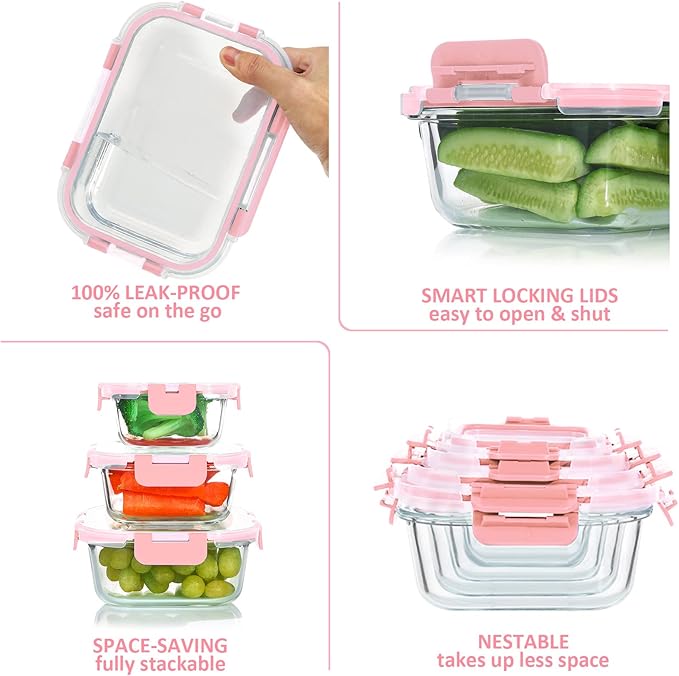 KOMUEE 24 Pieces Glass Food Storage Containers Set, Meal Prep Containers-Stackable Airtight Glass Storage Containers with lids,Freezer, Microwave, Oven Safe,Pink