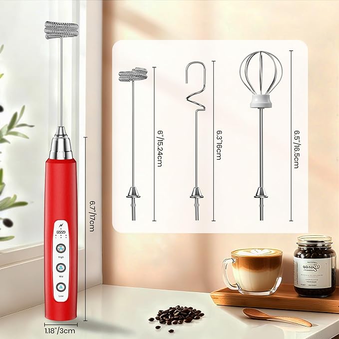 Milk Frother Handheld Rechargeable, Frother Wand Drink Mixer Electric Whisk for Coffee, Detachable With 3 Stainless Whisks, Hand Mixer for Lattes, Cappuccino, Matcha, Egg, No Stand, Red