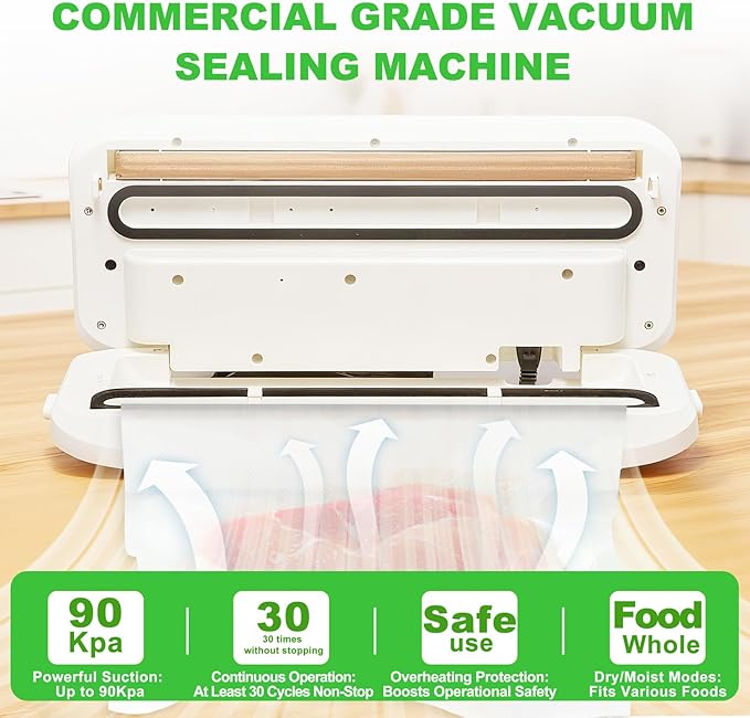 Vacuum Sealer - 90kPa Suction, 180W Motor, 30-Cycle Continuous Use, One-Touch Automatic - Dry/Wet Modes, Air-Tight Seal with Container Tube for Kitchen Use, Food Storage.