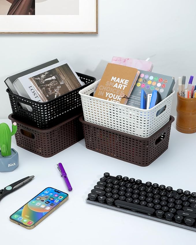 AREYZIN Lidded Storage Bins Plastic Storage Baskets With Lid Organizing Container Knit Storage Organizer Bins for Shelves Drawers Desktop Playroom Classroom Office, 6 Pack,Brown