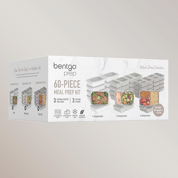 Bentgo Prep 60-Piece Meal Prep Kit - Reusable PFAS & BPA-Free Food Containers, 1-Compartment, 2-Compartment, & 3-Compartments - Microwave, Freezer, & Dishwasher Safe (White Stone)