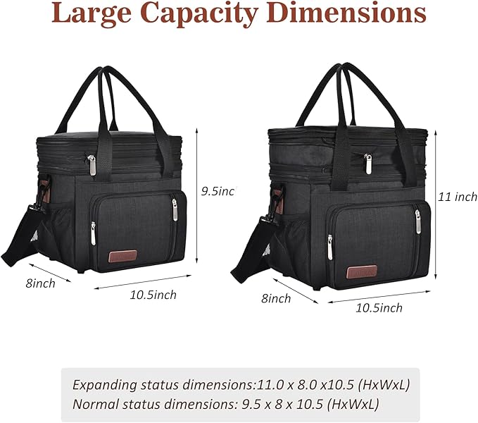 LOKASS Lunch Box for Women-Double Deck Insulated Adults Lunch Bag with Removable Shoulder Strap- Cute Wide Open Lunch Tote for Work/Office/Picnic/Beach/Travel (Black)