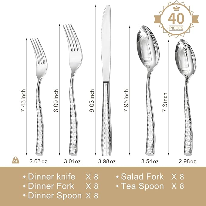 Kingstone Hammered Silverware Set, 40-Piece Flatware Set for 8, 18/10 Stainless Steel Heavy Duty Cutlery Set, Mirror Polished Utensil Sets for Home, Restaurant, wedding, Dishwasher Safe