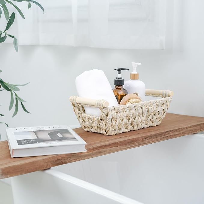 GRANNY SAYS 2-Pack Wicker Storage Baskets, Storage Baskets for Shelves, Trapezoid Wicker Basket with Handles, Waterproof Woven Basket, Basket for Shelves, Butter Milk