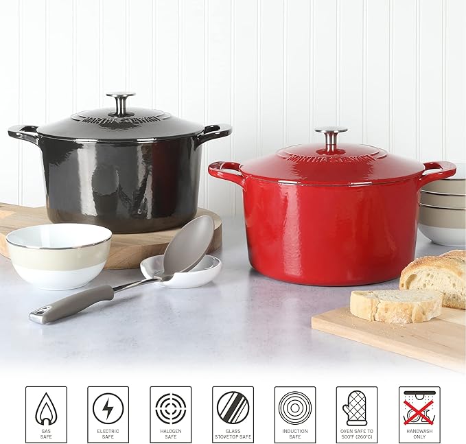 MARTHA STEWART Gatwick 7-Quart Enamel Cast Iron Dutch Oven Pot with Lid – Red – Durable Heavy-Duty Dutch Oven for Slow Cooking, Braising & Baking